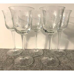 5 Vintage Etched Crystal Clear Industries Dahlia Blown Glass Wine Glasses  Made